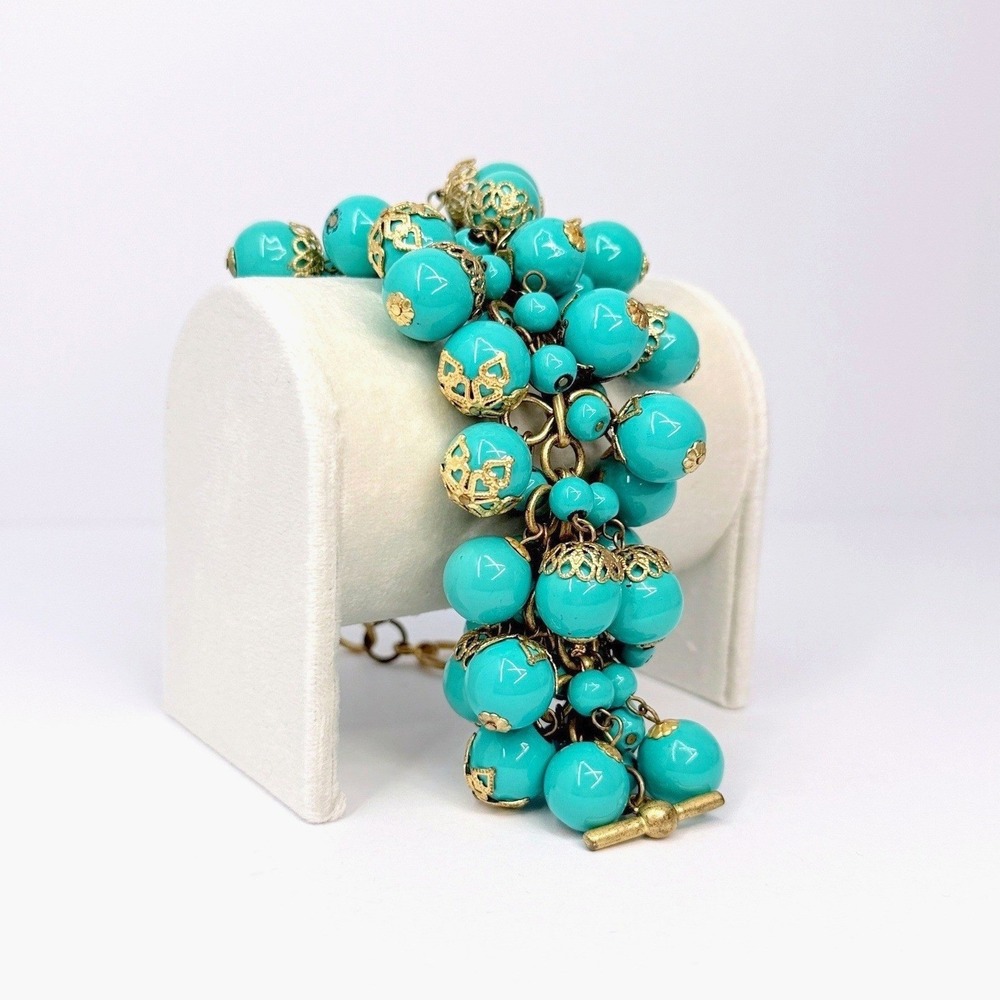 Statement Vintage Turquoise Blue Cluster Beaded Bracelet Gold Filigree Ornate
